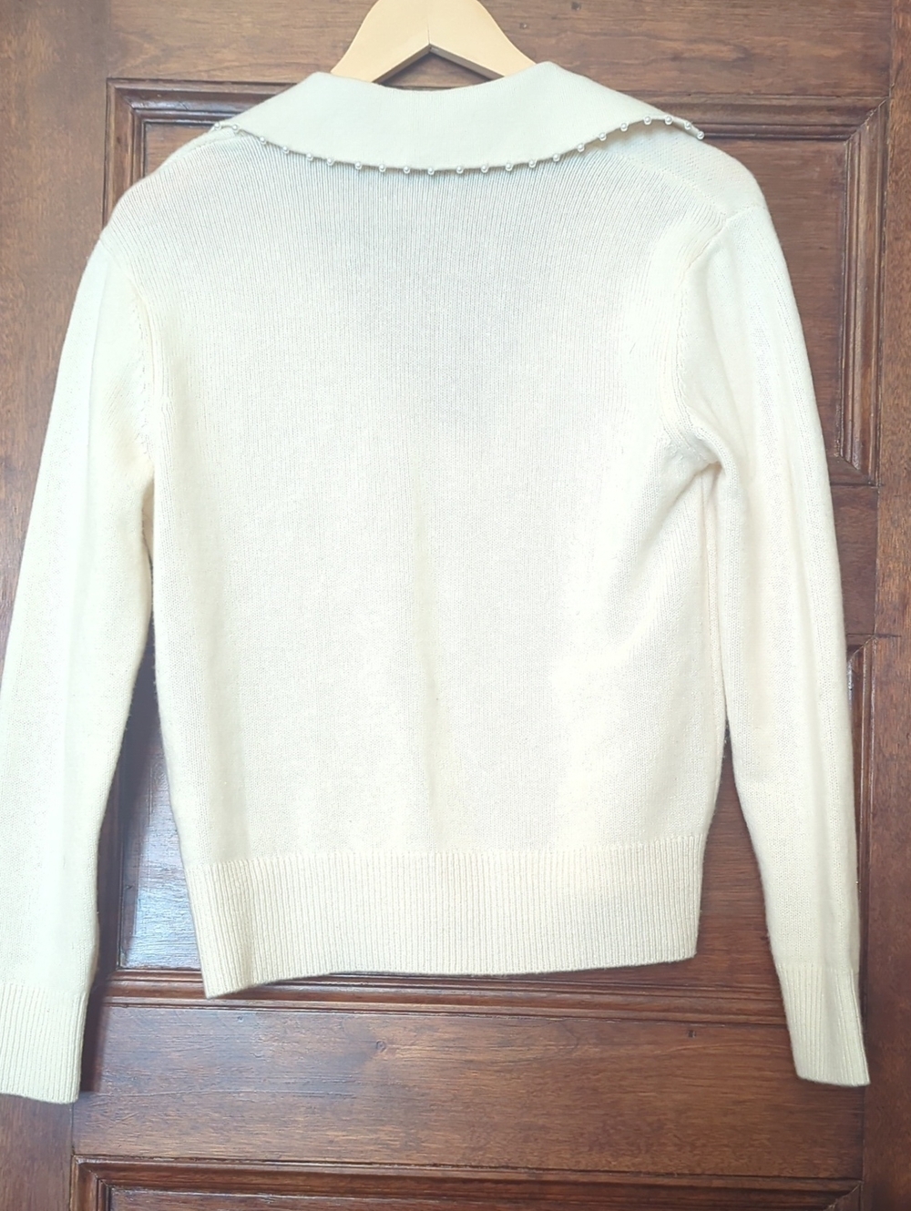 NWT Sandro Pearl Beaded V-Neck 100% Wool Sweater Size 0 | Cream - Picture 3 of 5